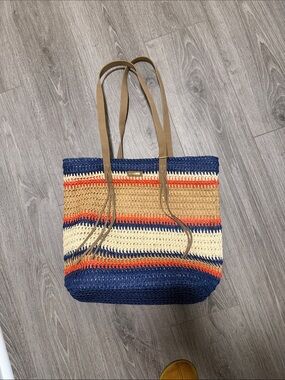 Sun N Sand Striped Crochet Tote Bag with Navy, Cream, Tan and Orange Accents
